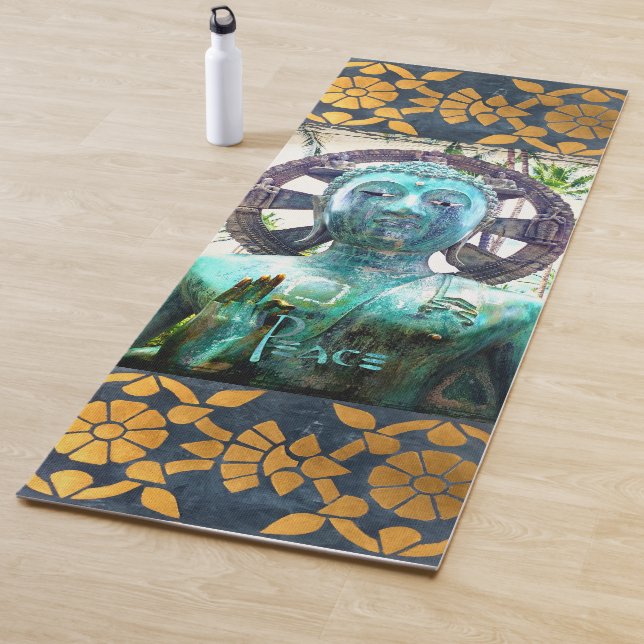 Turquoise Buddha Foto Gold Mosaik Friedensskript Yogamatte (Beispiel)