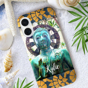 Turquoise Buddha Gold Blue Mosaik Tile Individuell iPhone 16 Hülle