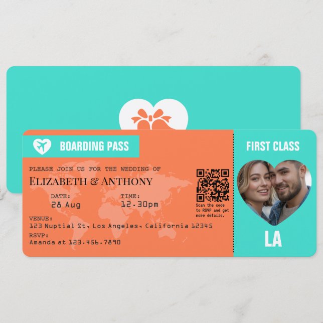 Turquoise & Coral Boarding Pass Wedding Einladung (Vorne/Hinten)