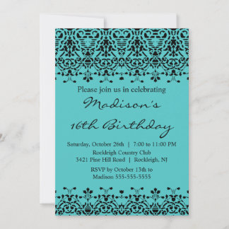 Turquoise Damask 16 . Geburtstag Geburtstag Einlad Einladung