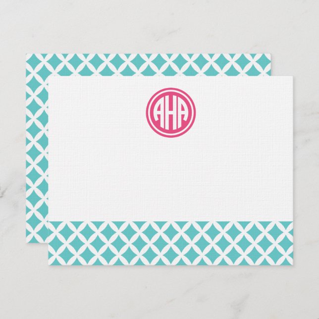 Turquoise Diamonds Circle Monogram Stationer Mitteilungskarte (Vorne/Hinten)