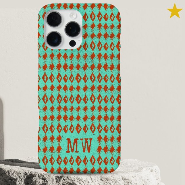 Turquoise Doodle Diamond Pattern Custom Monogram iPhone Hülle (Von Creator hochgeladen)