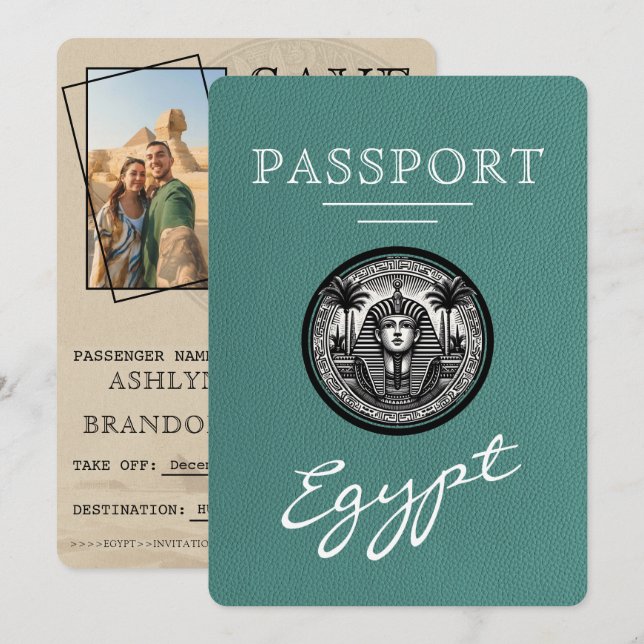 Turquoise Egypt Passport Wedding Save the Date (Vorne/Hinten)