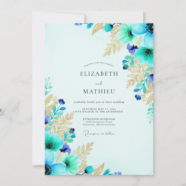 Turquoise Exuberant Botanical Wedding Einladung (Vorderseite)