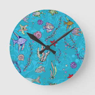 Turquoise Fish Pattern Runde Wanduhr