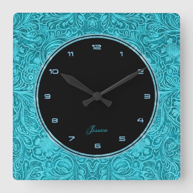 Turquoise Floral Falsch Leather Embossed Look 2 Quadratische Wanduhr (Vorderseite)