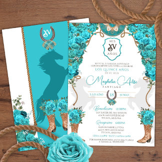 Turquoise Floral Western Charro Ranch Quinceañera Einladung