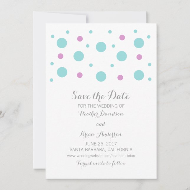 Turquoise Fuchsia Confetti Save the Date einladen (Vorderseite)