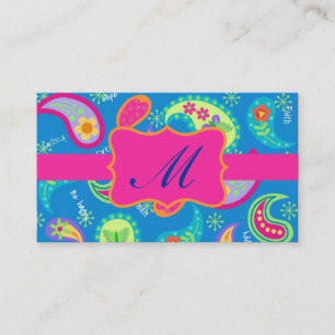 Turquoise Fuchsia Pink Modern Paisley Monogram Visitenkarte