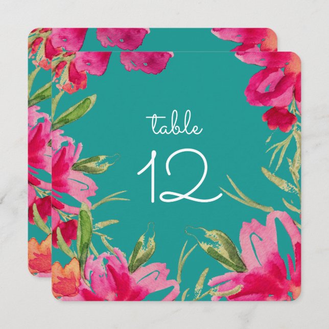Turquoise Fuchsia Tischnummer Cards (Vorne/Hinten)