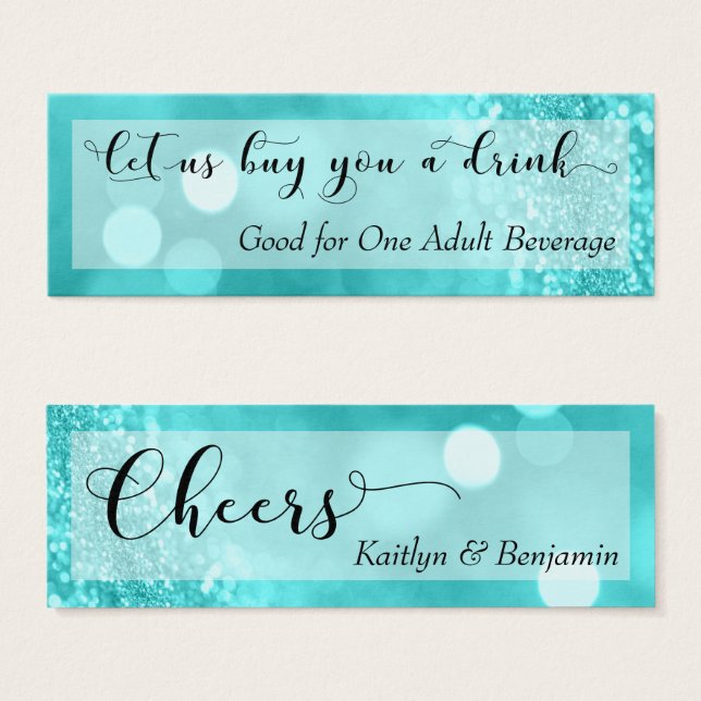 Turquoise Glitzer Bokeh Script Mini Drink Ticket (Vorne & Hinten)