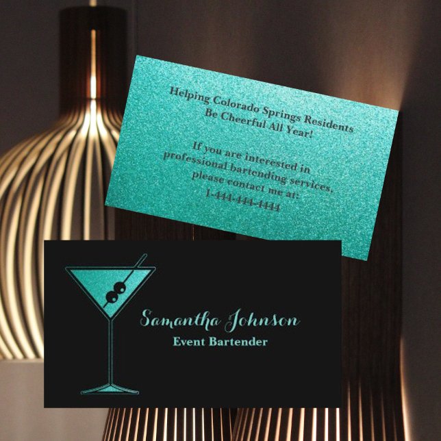 Turquoise Glitzer Event Barkeeper Business Card Visitenkarte (Von Creator hochgeladen)