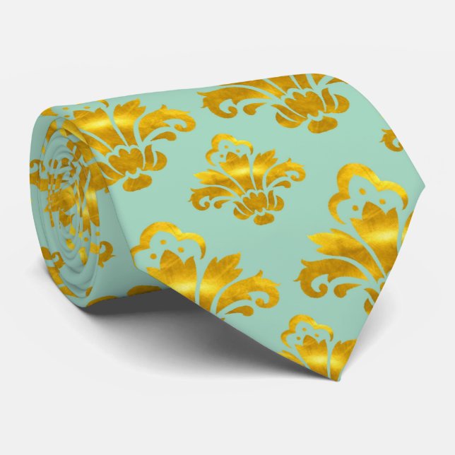 Turquoise Gold Damask Muster Krawatte (Gerollt)