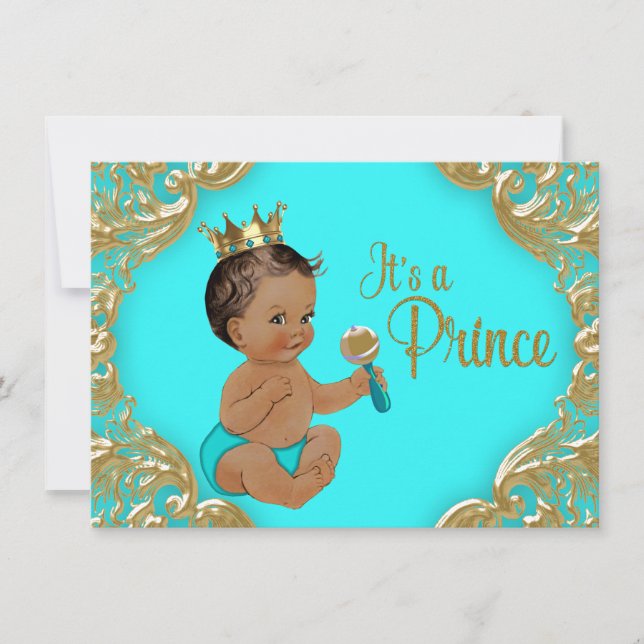 Turquoise Gold Ethnic Prince Baby Dusche Einladung (Vorderseite)