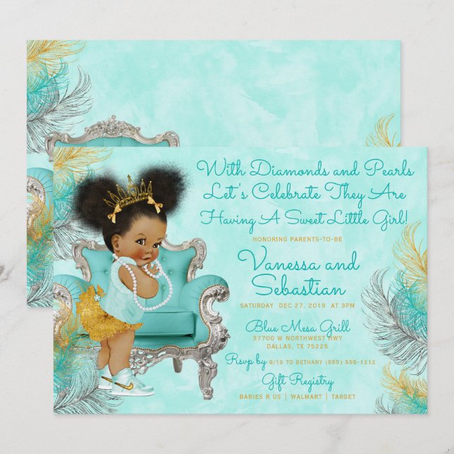 Turquoise Gold Fether Baby Dusche Einladung (Vorne/Hinten)