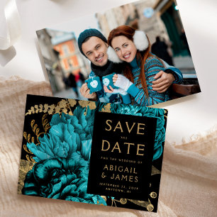 Turquoise Gold Floral Foto Hochzeit speichern das Einladung