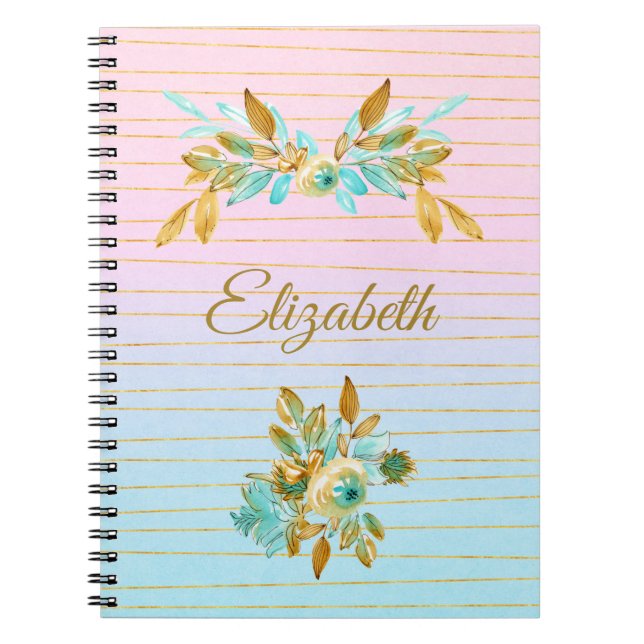 Turquoise & Gold Floral Personalized Notebook Notizblock (Vorderseite)