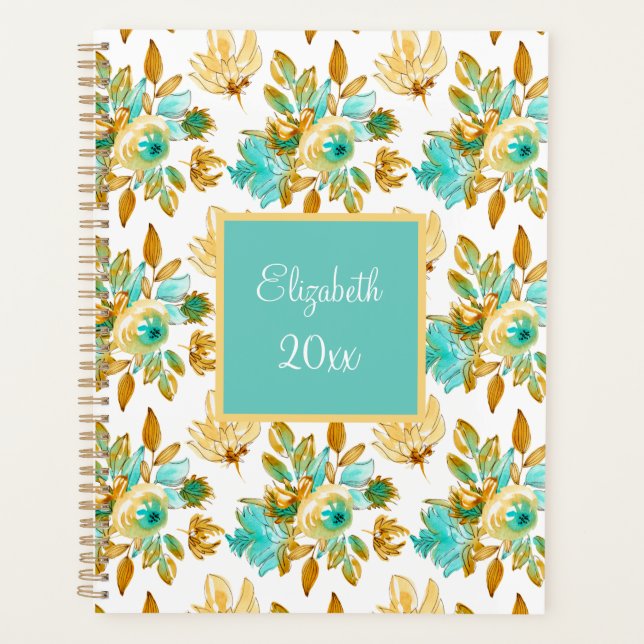 Turquoise & Gold Floral Personalized Planer (Vorderseite)