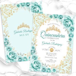 Turquoise Gold Floral Quinceanera Einladung