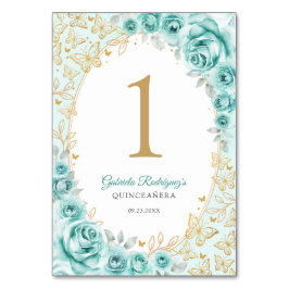 Turquoise Gold Floral Quinceanera Tischnummer