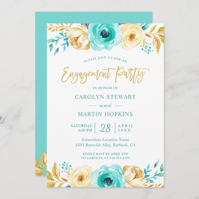 Turquoise Gold Floral Romance Engagement Party Einladung (Vorne/Hinten)