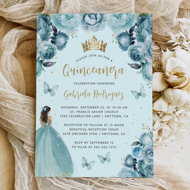 Turquoise Gold Floral Watercolor Quinceañera Einladung (Von Creator hochgeladen)