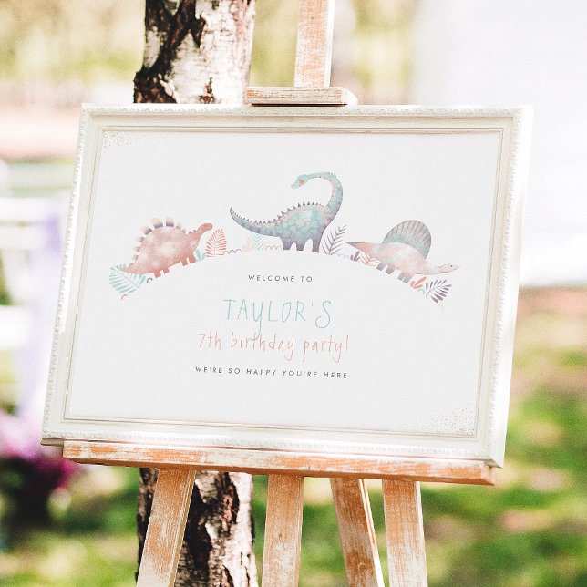 Turquoise & Gold Girl Dinosaur Geburtstagsparty Poster (Von Creator hochgeladen)