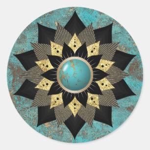 Turquoise & Gold Lotus Blume Mandala Elegante Runder Aufkleber