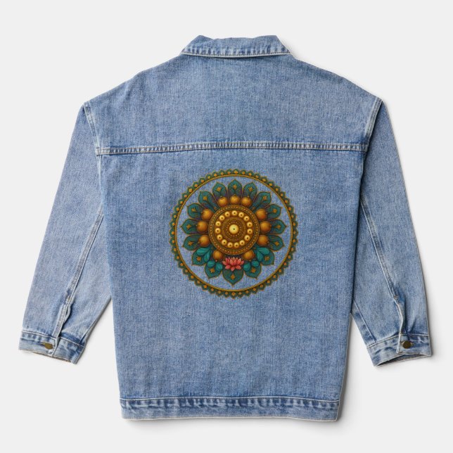 Turquoise Gold Lotus Mandala -Boho Fantasy Graphic Jeansjacke (Rückseite)