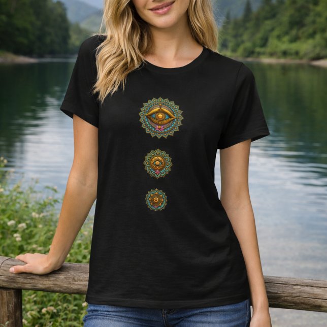Turquoise Gold Lotus Mandala Eye Art -Boho Graphic T-Shirt (Von Creator hochgeladen)
