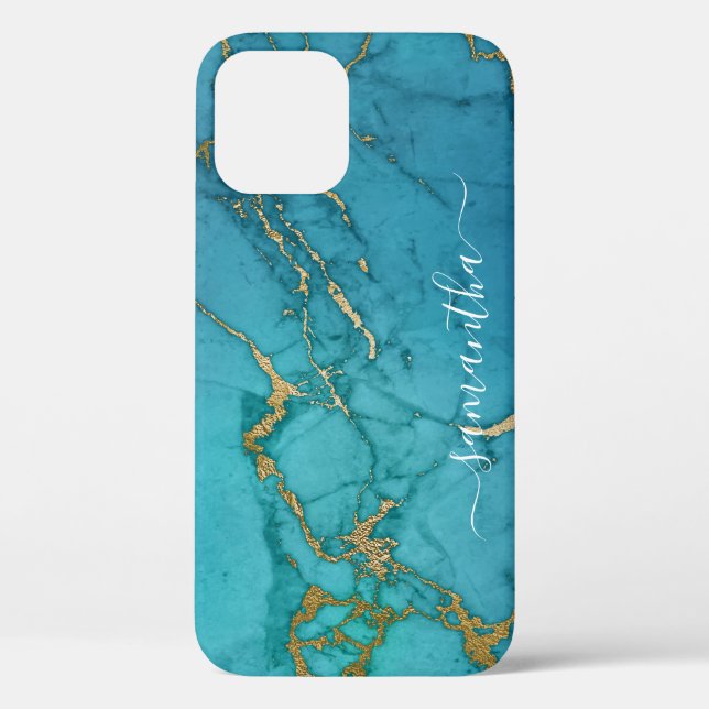 Turquoise Gold Marble Stone Handgeschriebener Name Case-Mate iPhone Hülle (Rückseite)