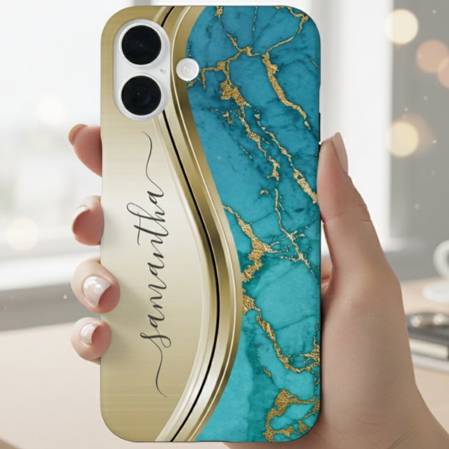 Turquoise Gold Marble Stone Handgeschriebener Name Case-Mate iPhone Hülle (Von Creator hochgeladen)