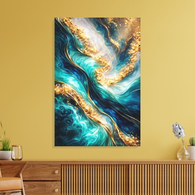 Turquoise & Gold Marble Swirls Canvas Print Leinwanddruck (Insitu (Wohnzimmer))