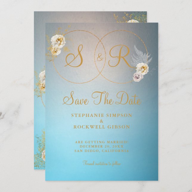 Turquoise Gold Monogram Name Initial Wedding Save The Date (Vorne/Hinten)