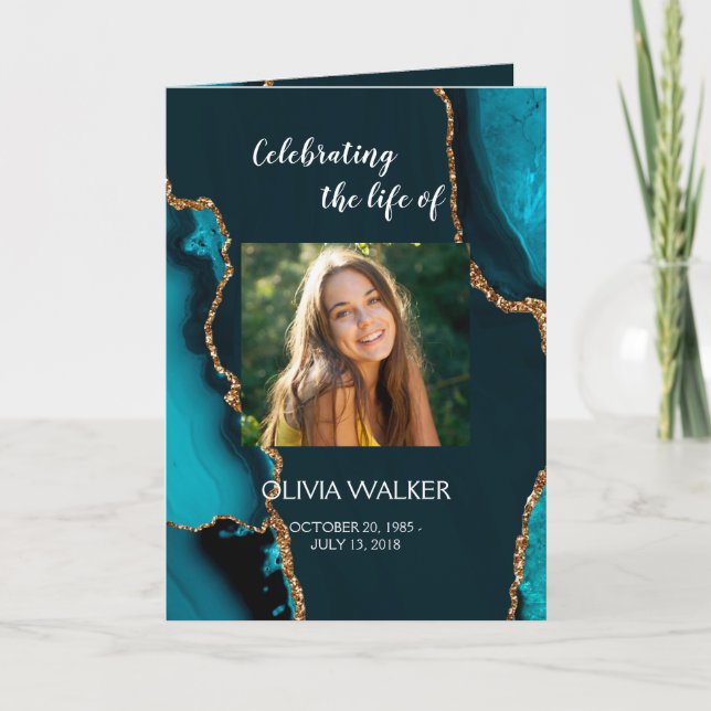 Turquoise & Gold Order of Service Folded Program Programm (Vorderseite)