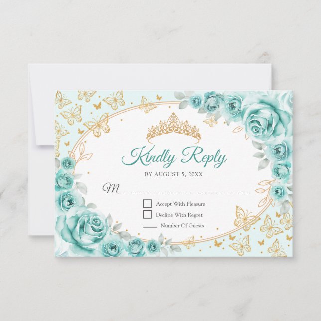 Turquoise Gold Quinceanera Reply RSVP Karte (Vorderseite)