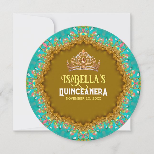 Turquoise Gold Satin Lace & Tiara Quinceañera Einladung (Vorderseite)
