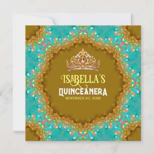 Turquoise Gold Satin Lace & Tiara Quinceañera Einladung