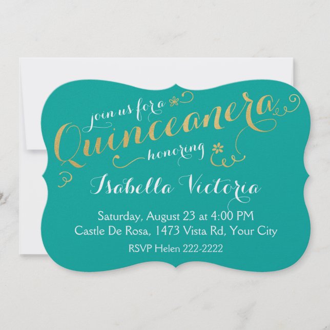 Turquoise & Gold Script Quinceanera Einladung (Vorderseite)