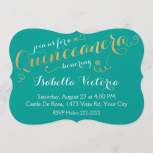 Turquoise & Gold Script Quinceanera Einladung