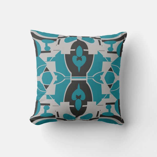 Turquoise Gray Black Mediterranean Mosaic Motif Kissen (Vorderseite)