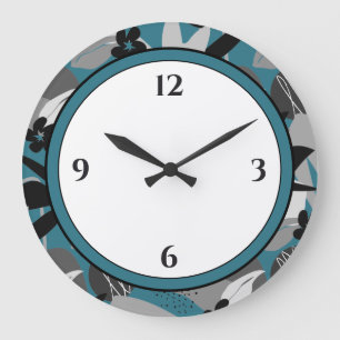 Turquoise Gray Black & White Modern Floral Border Große Wanduhr