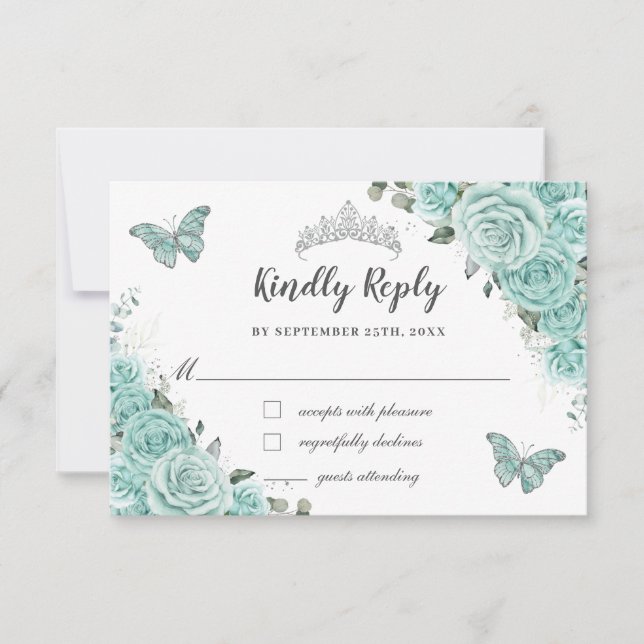 Turquoise Green Floral 15 Quinceañera Butterflies RSVP Karte (Vorderseite)