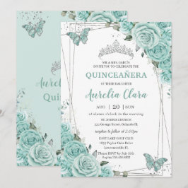 Turquoise Green Floral Butterflies Quinceanera 15  Einladung
