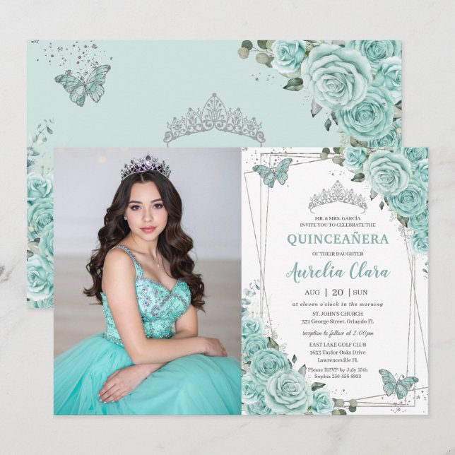 Turquoise Green Floral Butterflies Quinceanera 15  Einladung (Vorne/Hinten)