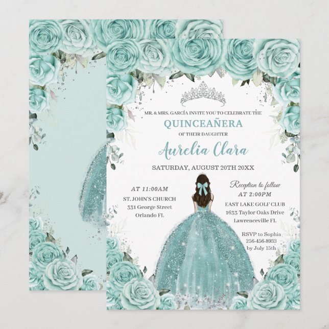 Turquoise Green Floral Princess Silver Quinceañera Einladung (Vorne/Hinten)