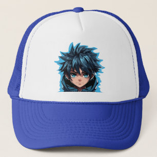 Turquoise Kraft: Anime-Style Manga-Junge Truckerkappe