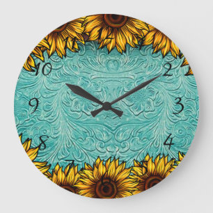 Turquoise Leather Tooled Bright Sunny Sunflowers Große Wanduhr