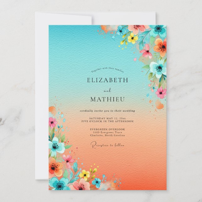 Turquoise Lively Tropical Wedding Einladung (Vorderseite)