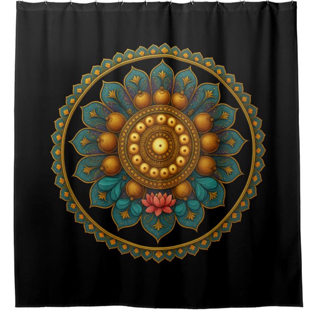 Turquoise Lotus Mandala Art | Black Boho Graphic Duschvorhang (Vorderseite)